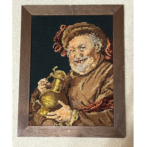 Vintage Completed Framed Needlepoint Cross Stitch German Man w/ Stein Hat